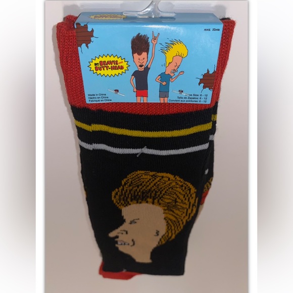 Beavis & Butt Head Crew Socks 2 Pair Men 6-12 Black Red Faces & Burger World NEW - Picture 9 of 9